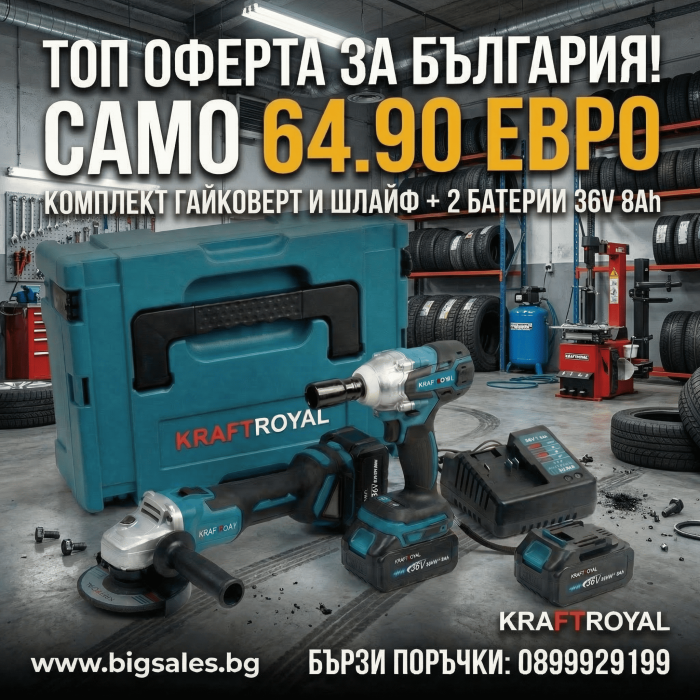 2В1 Комплект Гайковерт и Ъглошлайф KrafRoyal 36V 8Ah с 2 батерии и куфар