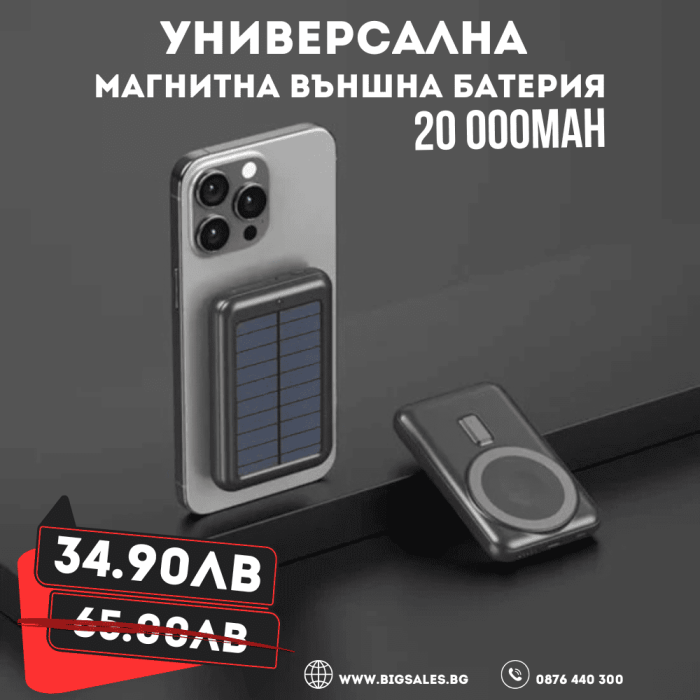 Универсална магнитна външна батерия Power Bank 20 000mAh Универсална магнитна външна батерия Power Bank 20 000mAh