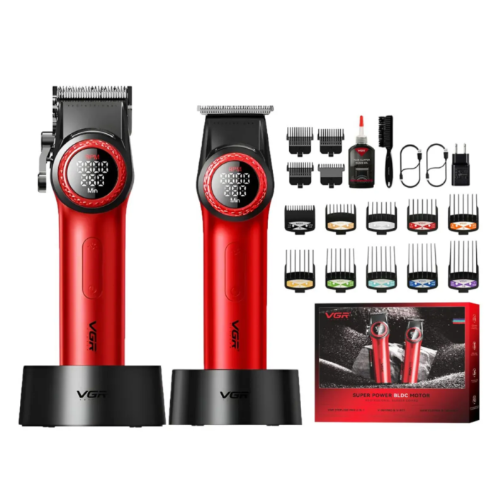 Комплект 2в1 Машинка за подстригване и тример V-001PRO и V-977 Червен